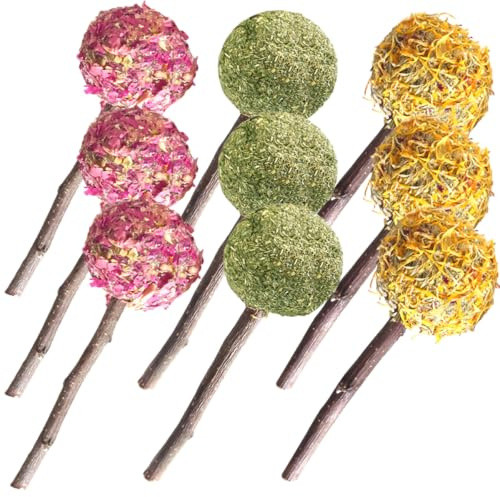 ROMISBABA Lot de 9 Bâtonnets à Mâcher pour Petits Animaux Jouets de Dentition Naturels pour Lapins Cochons d'Inde et Hamsters Sucettes en Herbe aux Fleurs de Rose Calendula et Foin