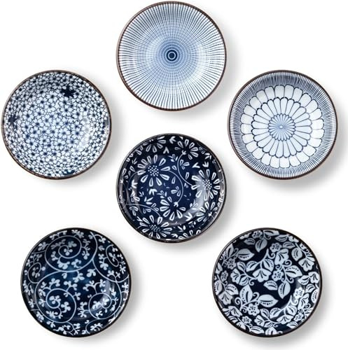 RIREKIS Ceramic Tapas Dishes, Porcelain Tapas Bowls, 6pcs Ø10cm Small Dipping Bowls, Round Soy Sauce Dipping Dishs for Sushi,Sauce,Dessert, Dishwasher & Microwave Safe