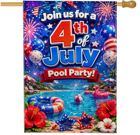 Bandiera della casa dei fuochi d'artificio, festiva estate con palline gonfiabili ad aria piscina luglio blu tela da imballaggio su entrambi i lati grande bandiera da giardino per esterni, patio