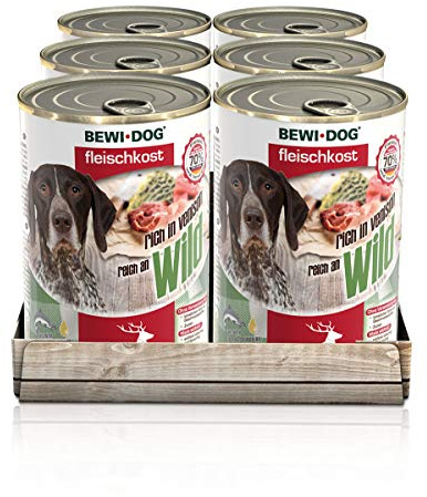 BEWI DOG Nourriture à la Viande Riche en gibier [800 g] boîte | Nourriture Humide pour Chien | sans céréales | Variété | Viande Musculaire et abats avec Structure de Viande Solide | 6 x 800 g