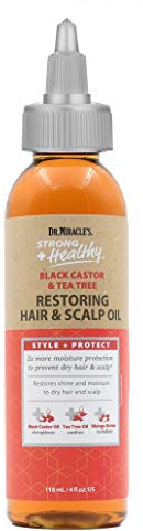 Dr. Miracle's Strong & Healthy Restoring Hair & Scalp Oil. Contains Black Castor Oil, Tea Tree Oil and Mango Butter providing 2x more moisture to prevent dry hair and scalp.