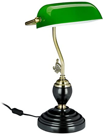 Relaxdays Lampe de banquier, abat-jour en verre inclinable, pied en bois, bureau, E27, rétro, bibliothèque, vert-noir