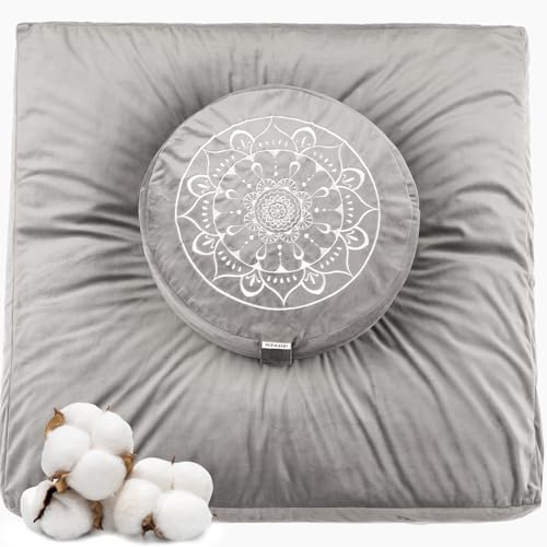 Hihealer Ensemble Coussin de Méditation et Tapis Zabuton - Grand Zafu et Tapis de Méditation pour Hommes et Femmes, Idéal pour Yoga, Relaxation et Pleine Conscience (Gris, 40x40x13cm & 80x80x8cm)