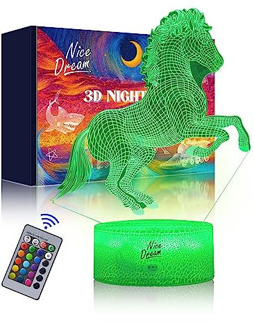Nice Dream Pferd Nachtlicht für Kinder, 3D Illusion Lampe Kinderzimmer LED Licht, Fernbedienung 16 Farbwechsel Dimmbar, Kinder Schlafzimmer Dekor, Geschenk für Mädchen Junge