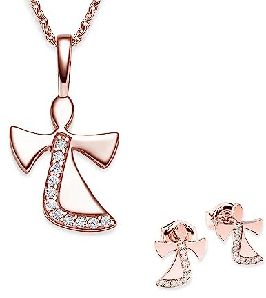 Schmuckset Mädchen Rosegold (Silber 925 vergoldet) Engel Kette Kommunion Geschenke für Mädchen Schmuck Schutzengel Kette Kinder Geburtstag Taufe Geschenke zur Geburt Kinderkette Halskette Ohrringe