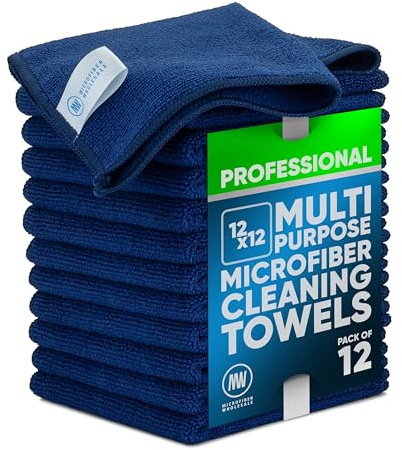 MW PRO Microfiber Cleaning Cloths Dark Blue 12 Pack, 12x12 - Commercial Janitorial Towels & Lint Free Rags - Heavy Duty for Auto Detailing, Glass Windows, Housekeeping & Screens - Washable 300+ Times