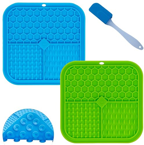 15 CM Lick Mats for Dogs With Anti Slip Strong Suctions and Spatula, Sturdy Food Grade Silicone Material. 15 cm Slow Feeding Dog Lick Mats - Lick Mat for Dog Puppy. (2-Pack - Blu, Green)
