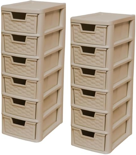 Khanary 2 Pack 6 Tier Small Mini Drawer Tower Storage Unit Plastic Organizer Desktop Stationary Art Supplies Any Room Bathroom Bedroom Home Office Study Kitchen Living Room 26Dx19Wx60H
