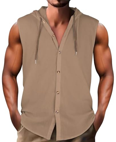 Sudadera de lino con capucha para hombre de verano, sin mangas, camisa de lino para hombre, con botones casuales, camiseta con capucha, camiseta de axila, sudadera con capucha, holgada, camisa de