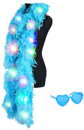 JIANGLAI Colorful Feather Boas, 6.6ft Boa with 20 Color LED Lights for Women for Dancing Wedding Party Halloween, with Heart Sunglasses (Blue)