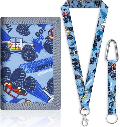 Naapesi Boys Wallets with Card Slots,Slim Cartoon Wallet with Zippered Pocket,Travel Document Wallet,Trifold Canvas Outdoor Wallet,Lanyard Attached,Set Gaming Gifts for Boys