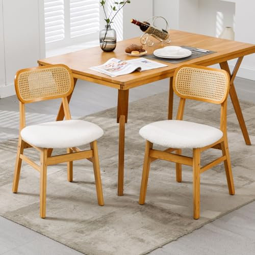 Ya-Home Esszimmerstühle 2er Set Kunstfell Küchenstühle mit Rückenlehne Akzentstühle Rattan Polsterstuhl mit Massivholzbeinen für Esszimmer/Wohnzimmer/Küche, Beige