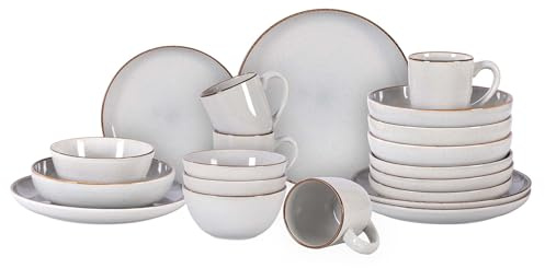20-Piece Dinnerware Set, Nordic Ceramic Plates and Bowls Sets for 4, Raised Rim Tableware Collection, Shiny White Speckled Serveware for Daily Use, Microwave & Dishwasher Safe