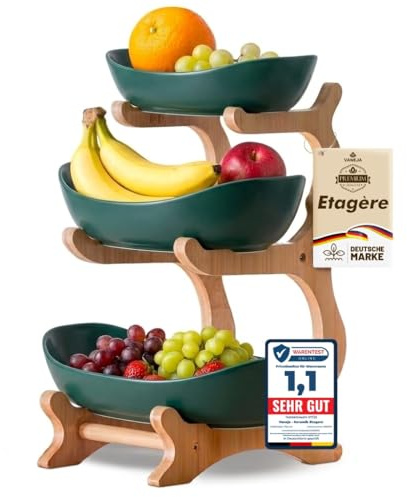 VANEJA® Obst Etagere 3 stöckig DUNKELGRÜN KERAMIK mit Bambusständer, Servierständer für Obst Snacks Gebäck, eleganter Schalenständer Obstschale modern für Küche und Wohnzimmer