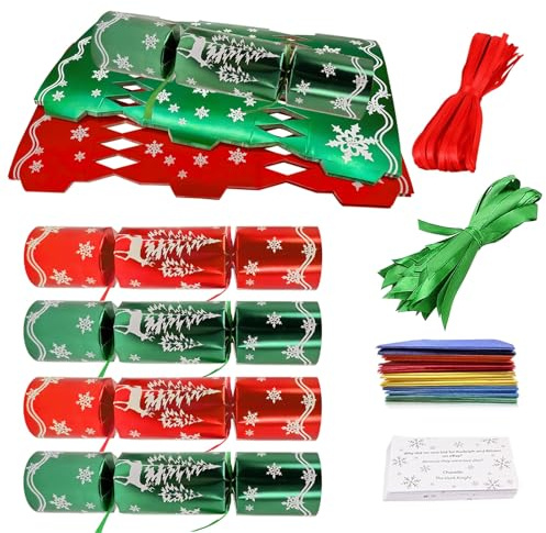 Make Your Own Christmas Crackers Kit Decorations,32 Packs No Snap Green Red Foil Snowflake Gift Boxes Diy Christmas Crackers Bulk with Hats Jokes,Luxury Xmas Party Cracker Making Kit for Kids Adults
