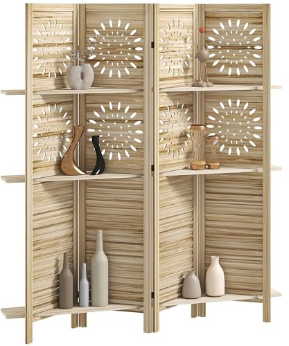 HOMCOM Paravent intérieur 4 Panneaux et 3 étagères, 160 x 170 cm, séparateur de pièce Pliable en Bois de Paulownia, cloison de séparation pour Salon, Chambre à Coucher, Maison, Bois Naturel