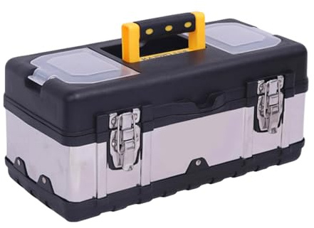 Cassetta degli attrezzi vuota con inserto rimovibile e maniglia per il trasporto, grande capacità per riporre gli attrezzi, in acciaio inox e plastica, ideale per casa, auto e officina, 44,5 x 26 x