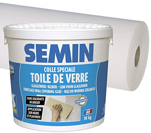 Colle pour Toiles de Verre et Revêtements Muraux Légers en Pâte, Seau 5 kg et Toile de Verre pour Murs et Plafonds, Sem Toile Eco T 023, Motif Maille, 50 m x 1 m