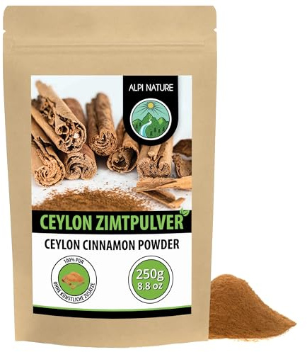 Alpi Nature Canela de Ceilán en Polvo 250g, Palitos de Canela de Ceilán Molidos en Polvo