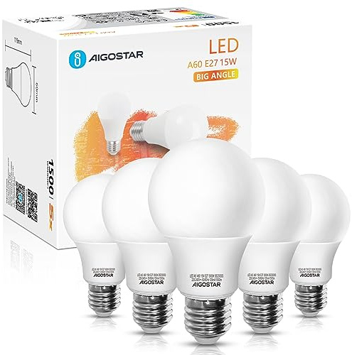 Aigostar - 15W Bombilla LED A60, casquillo gordo E27, luz cálida 3000K, 1500 lúmenes, ángulo de apertura 280º, CRI> 80. No regulable. Caja de 5 unidades