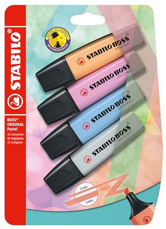 STABILO - Textmarker - BOSS ORIGINAL Pastel - 4er Pack - sanftes Orange, himmlisches Blau, frische Fuchsie, seidengrau