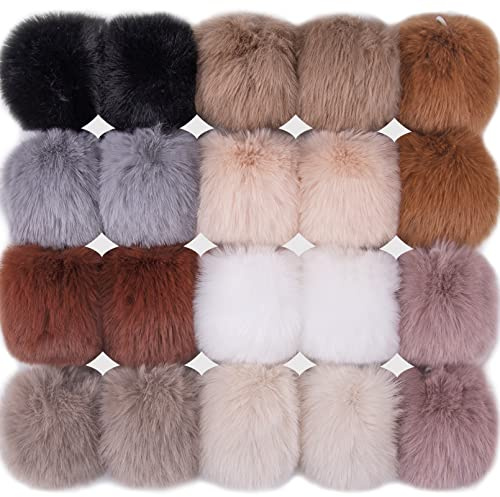 BQTQ 20 Pieces Faux Rabbit Fur Pom Pom Balls DIY Faux Fur Fluffy Pompoms with Elastic Loop for Hats Keychains Scarves Gloves Bags Accessories (10 Soft Colours, 2 Pcs for Each Colour)