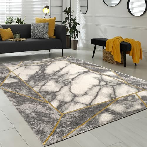 Paco Home Wohnzimmer-Teppiche Grau Gold Weich Marmor Optik Kurzflor mit vers. Designs, Grösse:120 cm Rund, Farbe:Gold 5