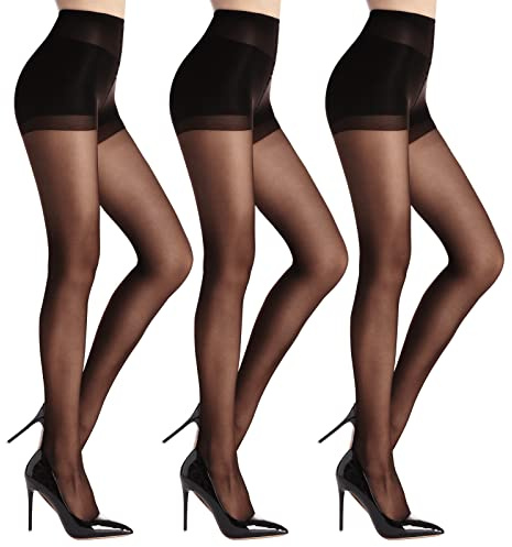 WAJIAFAR 3 Pack Women's Sheer High Waist Tights with Support and Reinforced Toes Pantyhose (Black, S)