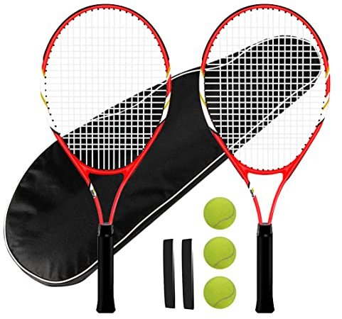 Tennis Rackets 2 Players Recreational for Beginners,Pre-Strung 27 Inch Light Adult Racquet Set for Women Men with Tennis Balls,Overgrips and Carry Bag (Red-T216)