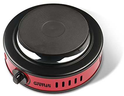 G3 Ferrari G10157 Fornello Portatile Elettrico, 500 W, Regolazione temperatura, Piastra in ghisa 11 cm, Spia d'accensione, Ideale per campeggio, Rosso