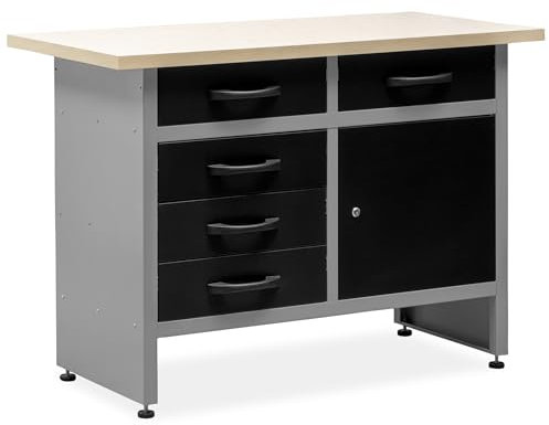 METALLMOBELL - Banco de Trabajo Profesional | 120x60x84cm, Cajones y Armario con Llave | Mesa de Trabajo Taller, Banco de Trabajo Taller, Mesa Trabajo, Banco de Carpintero, Banco Herramientas MB017G