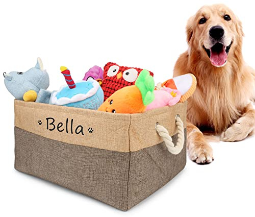Cesta de almacenaje personalizada con nombre y dibujo, cesta plegable para juguetes de perro con asa de algodón, caja de almacenaje para organizar comida, ropa y accesorios para perros(Café)