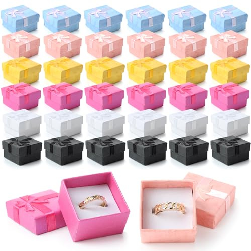 Bucherry 72 Pcs Ring Boxes 1.6 x 1.6 In Hard Cardboard Jewelry Box with Ribbon Bow Small Jewelry Gift Cases for Small Business(Bright Color)