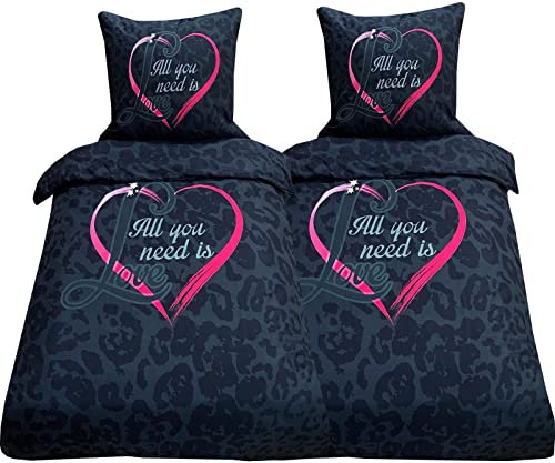Visaggio 4 teilige Bettwäsche Mikrofaser 135x200 cm Garnitur Set schwarz pink Love Herz Partnerbettwäsche