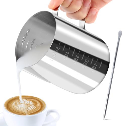 JOPHEK Bricco Latte, Bricco per Latte in Acciaio Inox, Lattiera con Segno di Misurazione, Latte Art Penna, Lattiera Mucca per Cappuccino con Beccuccio Speciale, Adatto per Latte, Espresso (600 ML)
