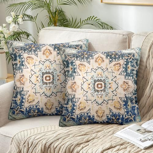45 x 45 cm Funda Cojín Sofa Juego de 2 Bohemia Mandala Fundas de Cojin Lino Etnico Vintage Geométrico Funda de Almohada Boho Otoño Funda Cojines Decorativos para Sofa Salon Cama (Azules)