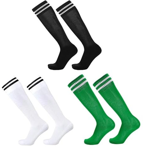 SKHAOVS 3 Paia Calzettoni Calcio Lunghi Bambino, Calze Lunghi Calcio Basket per Ragazzi Ragazze, Calzini Sportivi Allenamento Alti Ginocchio, Calzini da Rugby Hockey per 5-12 Anni (Black,White,Green)
