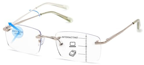 Amorays Progressive Multifokal Lesebrille für Herren und Damen, Modern Ohne Rahmen Lesebrillen mit Anti-Blaulicht DJ6001(Silber,+2.00