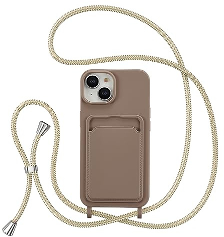ZTOFERA Mobiltelefonkedja fodral för iPhone 15 Plus med korthållare, flytande silikon mobiltelefonfodral med halsband, skyddsfodral med band för upphängning, halsband för 15 Plus, brun
