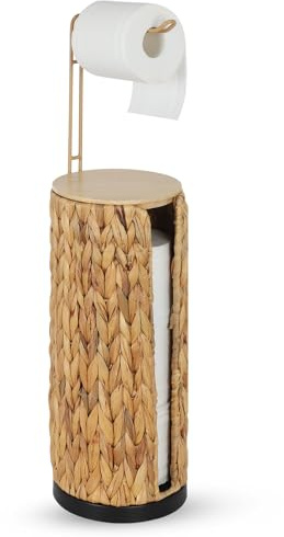 Portarrollos de Papel Higiénico de Pie con Estante, Porta Rollos de Papel Inodoro de Pie, Soporte de Papel Higiénico Boho de Ratán, Portarrollo de Papel Higiénico de Jacinto de Agua para 4 Rollos
