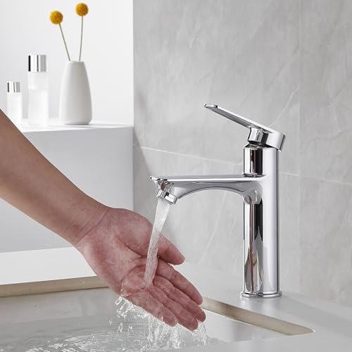DUFU Basin Mixer Tap, Sink Taps for Bathroom, Chrome Basin Taps Mixer, Single Lever Hot and Cold Solid Brass Basin Mixer Tap with UK Standard Hoses