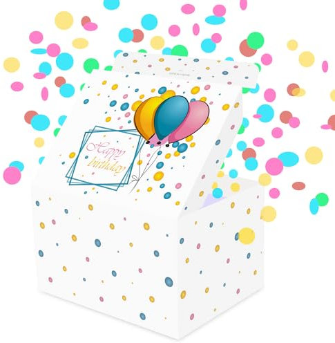 FETTIPOP Esplosiva Coriandoli Scatola Regalo Compleanno (bianco - palloncini) 18,5 x 14 x 11 cm, Pacco Regalo Sorpresa, Confezione Regalo, Scherzi Compleanno