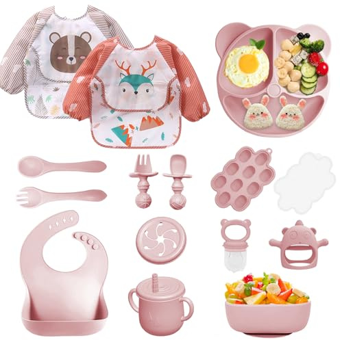 Bizcasa Set Pappa per Bambino, 14 Pezzi, Set Pappa Svezzamento per Bambini in Silicone, Senza BPA, Antiscivolo con Ventosa Piatto Cucchiai Ciotola Tazza Bavaglino (Rosa chiaro)