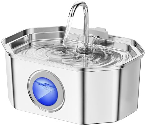 Cat Water Fountain Stainless Steel 108oz/3.2L, APAUK Automatic Pet Fountain Dog Water Dispenser with Water Level Window, Quiet Cat Fountain for Drinking, Inside with Replacement(1 Filter&1 Sponge)