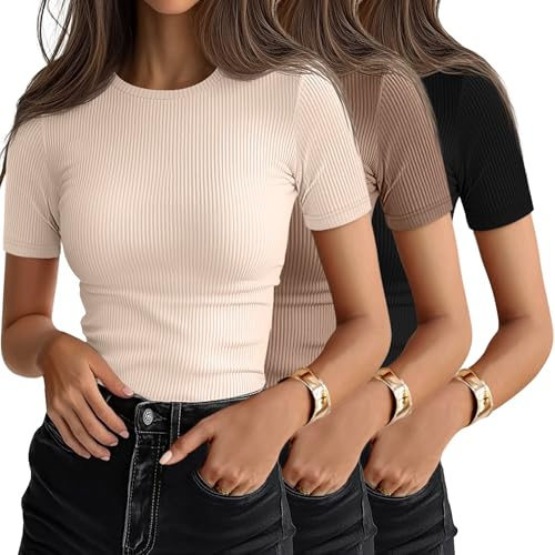 Ficerd 3 Pack Women's Ribbed T-Shirts, Cotton Short Sleeve Basic Tees Crewneck Fitted Tops Casual Shirts 2026 Summer Trendy(Black, Brown, Beige,X-Large)