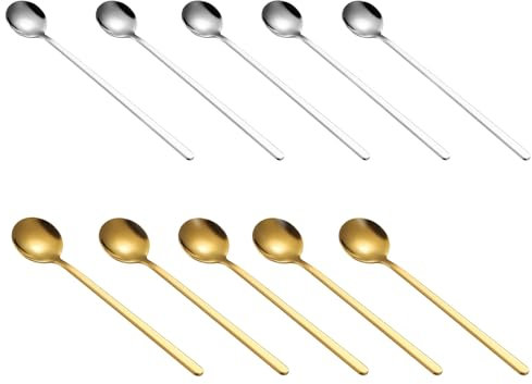 Set di 10 cucchiai per latte macchiato, cucchiaio da yogurt, in acciaio inox dorato e argento, 15 cm, per caffè freddo, lavabile in lavastoviglie