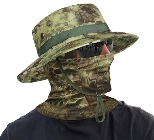 DiULi Lätt anti-uv kamouflage hatt för män - unisex bred brätte solhatt för vandring, fiske, motorcykel - justerbar (54–62 cm), taktisk utomhussportgåva, 2 st-grönt pytonmönster, Taille régulière