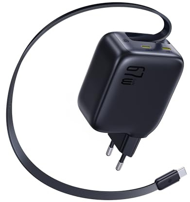 Baseus Enercore Chargeur USB C 67W avec Câble Rétractable, Chargeur GaN Compact avec 2 Ports USB-C, Compatible iPhone 17/16/15/14, Galaxy S25/24/23/22, MacBook Pro/Air, Dell, HP, iPad