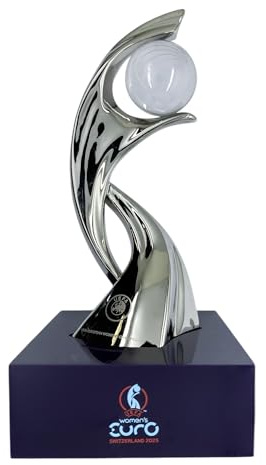 UEFA WOMEN's EURO AMBALLCOM Pokal 45 mm på träpiedestal, miniatyriserad pokalkopia 2025, guld – souvenir