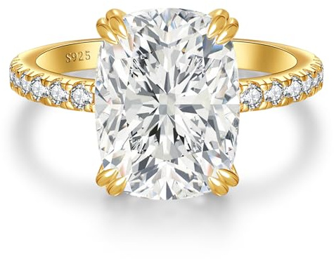 LANKRALOVNA 5CT Elongated Cushion Cut Engagement Ring for Women, S925 Sterling Silver Wedding Promise Cubic Zirconia Band, 14K Gold Plated Half Eternity Anniversary Birthday Gifts for Her, Size 5
